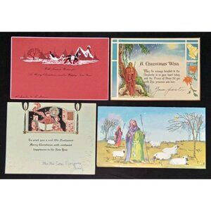 Vintage Christmas Greeting Card Set Of 4 Carolers Sleigh Holiday Ephemera 1940s